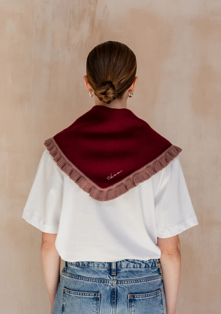 Merino Triangle Scarf, Burgundy Ruffle