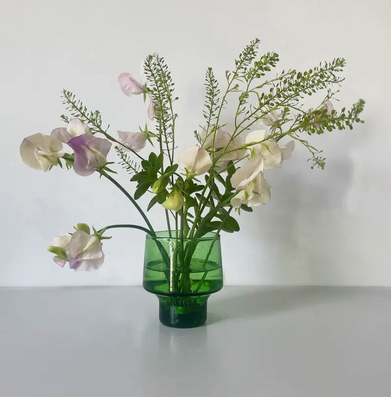 Small Green Recycled Glass Vessel with brass flower frog