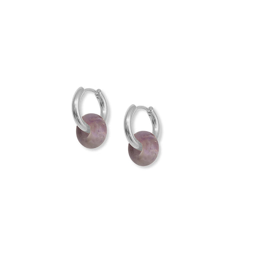 Silver hoop earrings with a chunky round purple amethyst bead