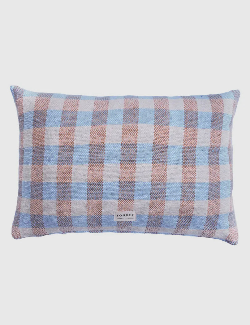 Large rectangular cushion with checked pattern in terracotta and cornflower blue