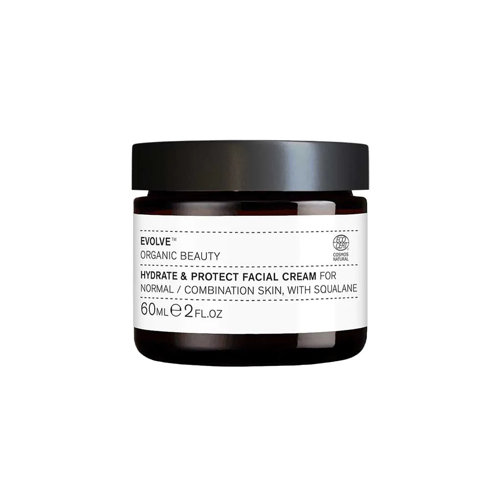 Round amber dark brown jar with black lid white label with black print EVLOVE ORGANIC BEAUTY HYDRATE & PROTECT FACIAL CREAM FOR NORMAL/COMBINATION SKIN WITH SQUALANE 60 ml 2 FLOZ ECO CERT COSMOS NATURAL logo