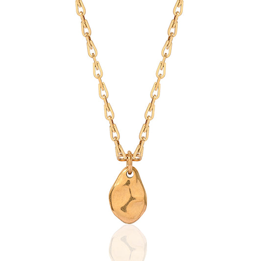 Gold chain link necklace with irregular oval smooth textured pendant 