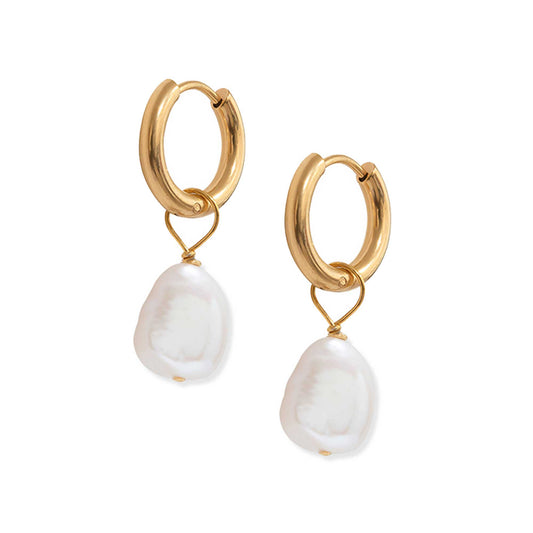 Pair of gold hoop earrings with pearl charm drop
