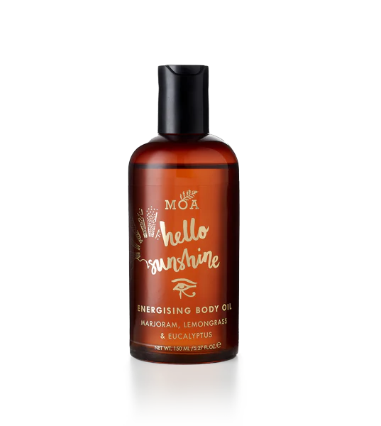 Brown bottle with black lid with hello sunshine in gold writing