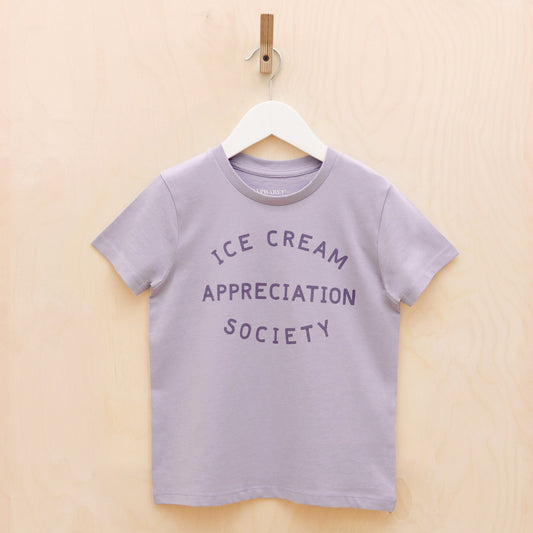 Lilac kids T-shirt on white hanger with Ice cream appreciation society writing on front