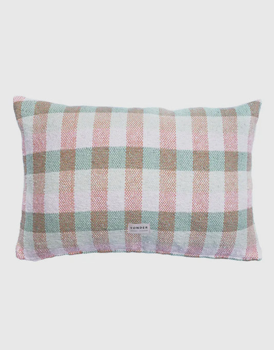 Large rectangular cushion with checked pattern in sage green and terracotta colours 
