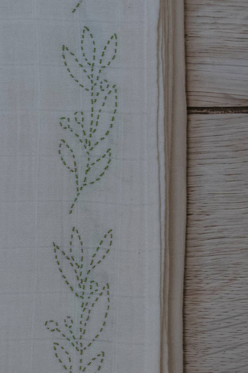 Large organic cotton embroidered muslin swaddle