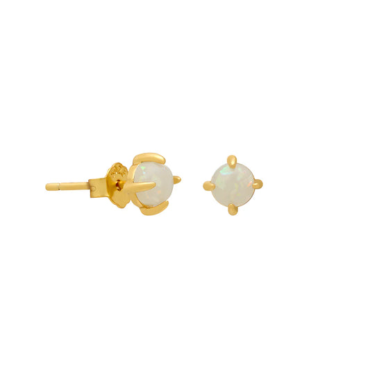Two small gold stud earrings with claws holding small Opal stones