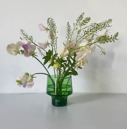 Small Green Recycled Glass Vessel with brass flower frog