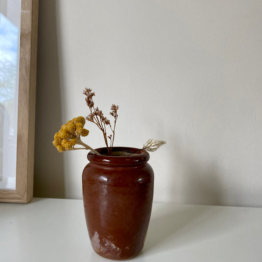 Small brown glazed vase Victorian cream pot with yellow dried flowers