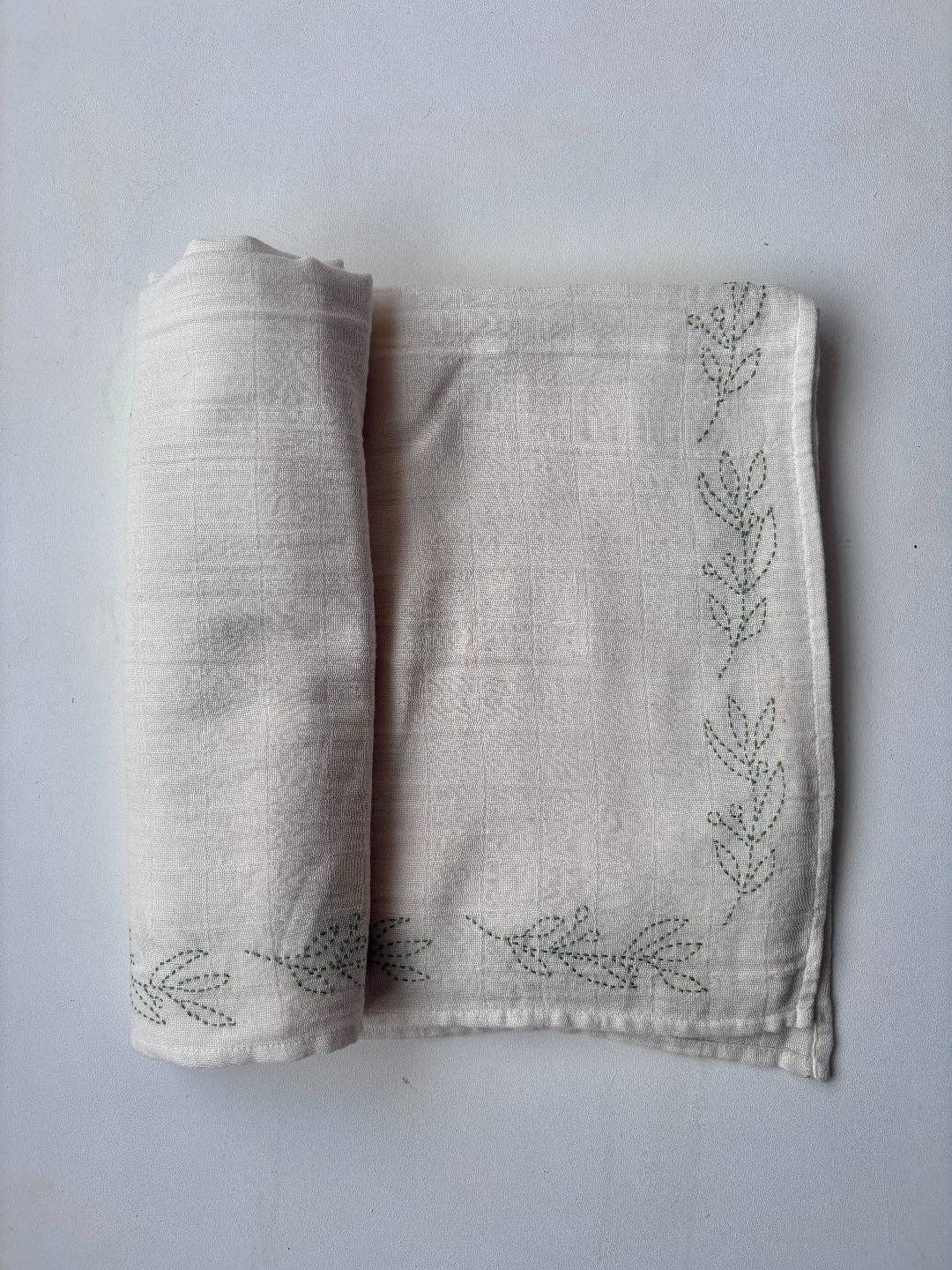 Large organic cotton embroidered muslin swaddle