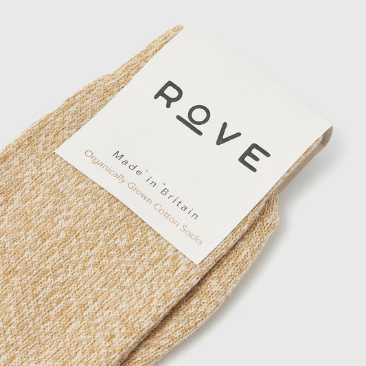 Cotton yellow and white cream marl speckled socks with cream white cardboard label ROVE printed in black uppercase made in Britain organically grown cotton socks