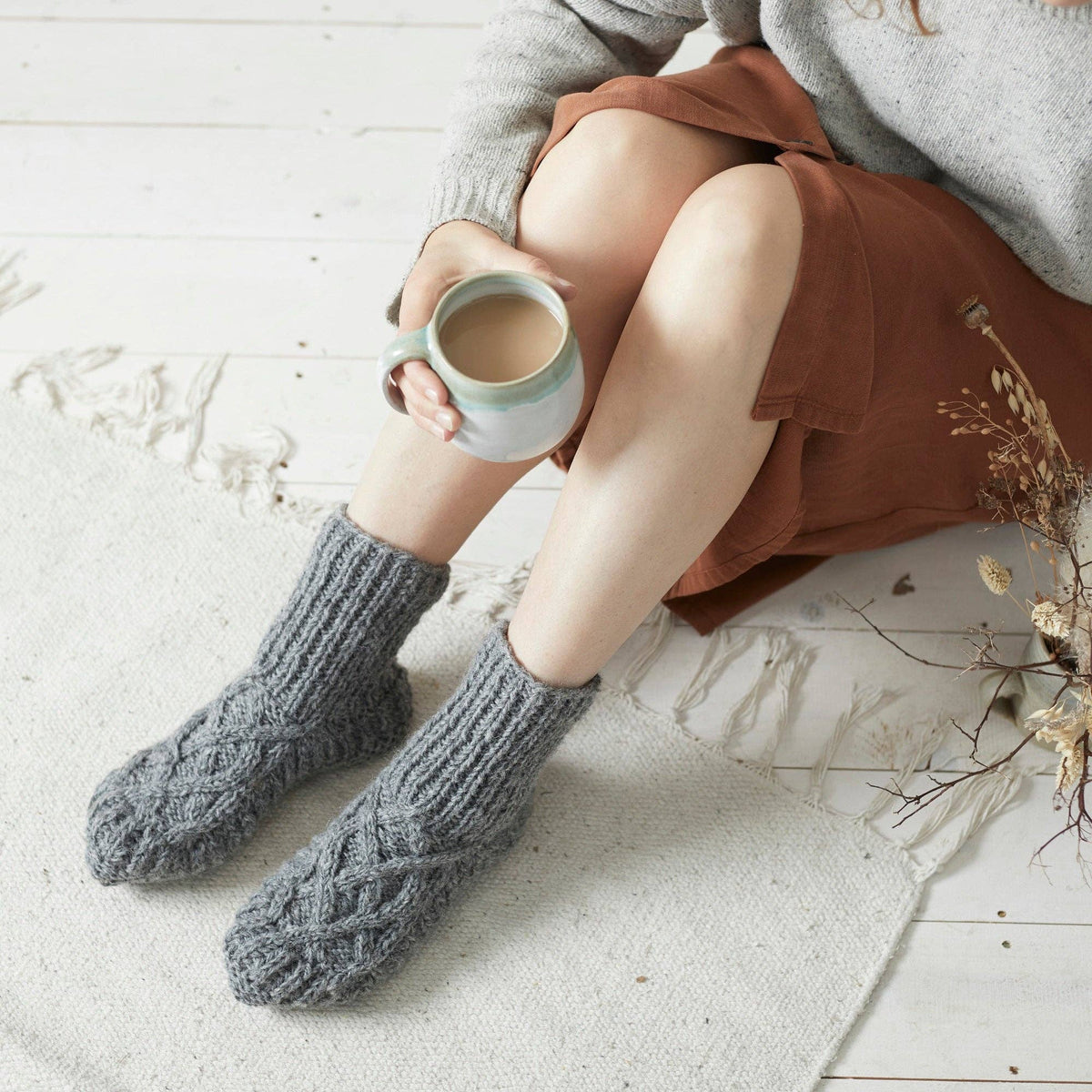 JANA Cable Knit Lined Wool Slipper Socks, Dark Grey, 9-11