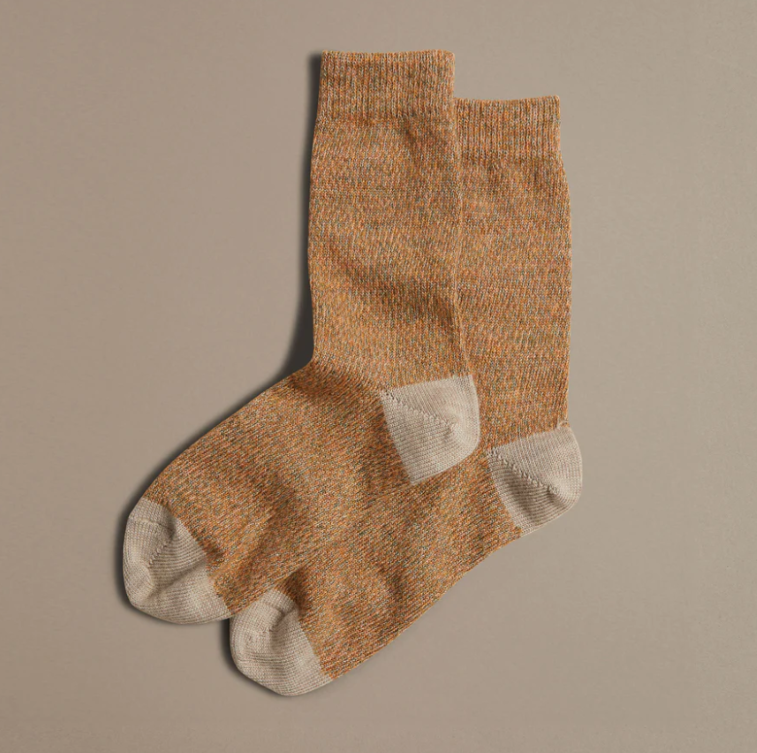 Soft merino socks apricot orange marl speckled with grey and beige with beige heel 