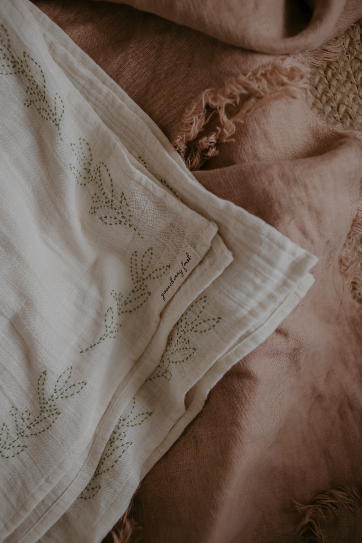 Large organic cotton embroidered muslin swaddle