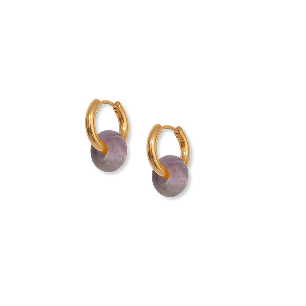 Gold hoop earrings with a chunky round purple amethyst bead