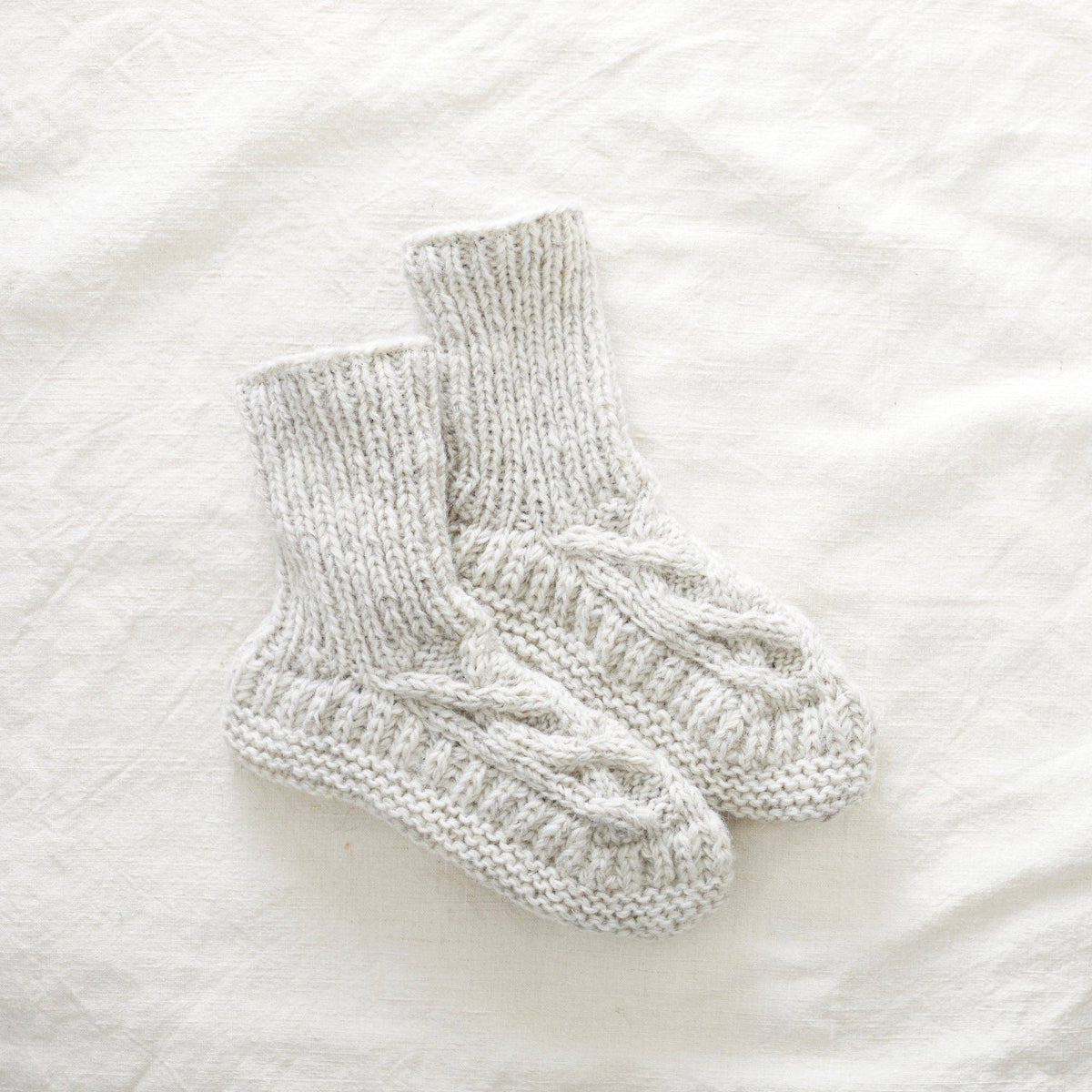 Cable Knit Lined Wool Slipper Socks, Cream