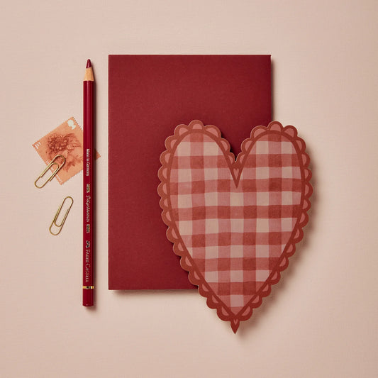 Red and pink gingham check heart shaped greetings card with scalloped edge with red envelope