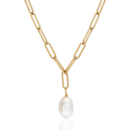 Gold link chain necklace with dangling Pearl 