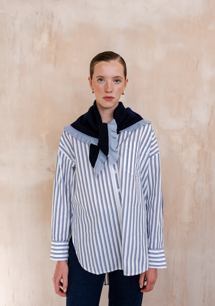 Merino Triangle Scarf, Navy Ruffle