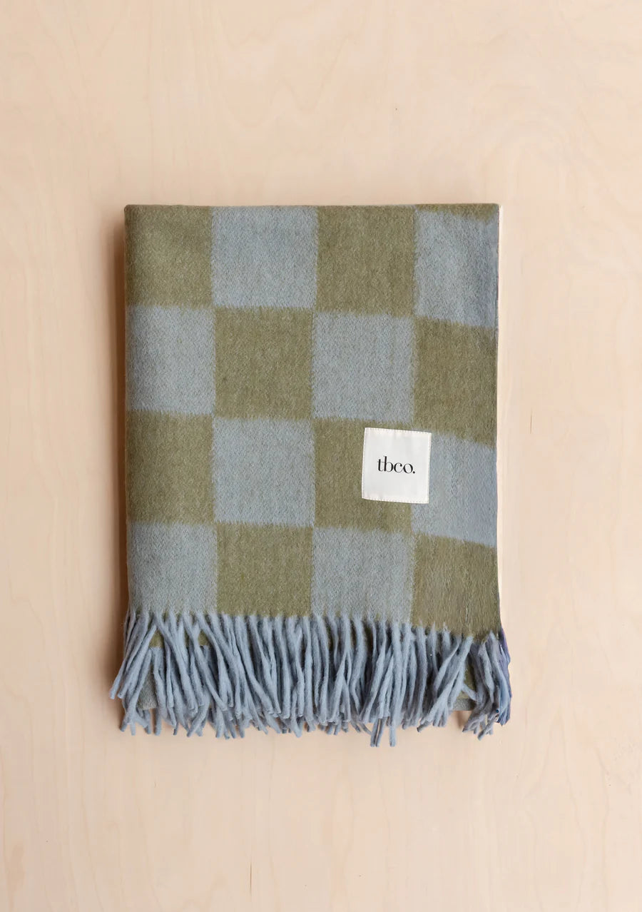 Recycled Wool Blanket, 
Blue & Green Checkerboard