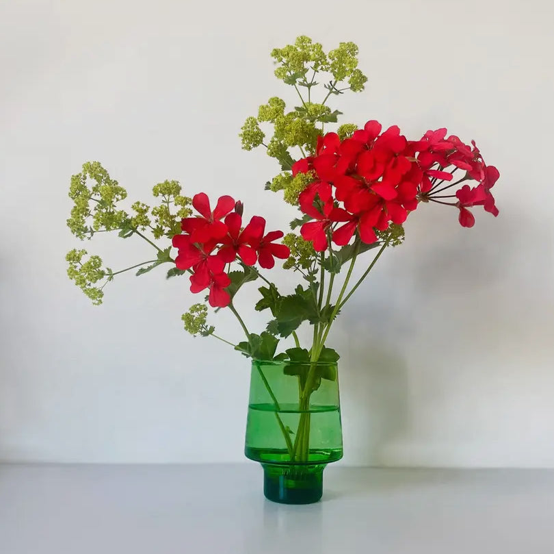 Large Green Recycled Glass Vessel with brass flower frog