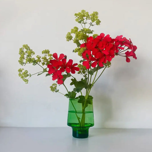 Large Green Recycled Glass Vessel with brass flower frog