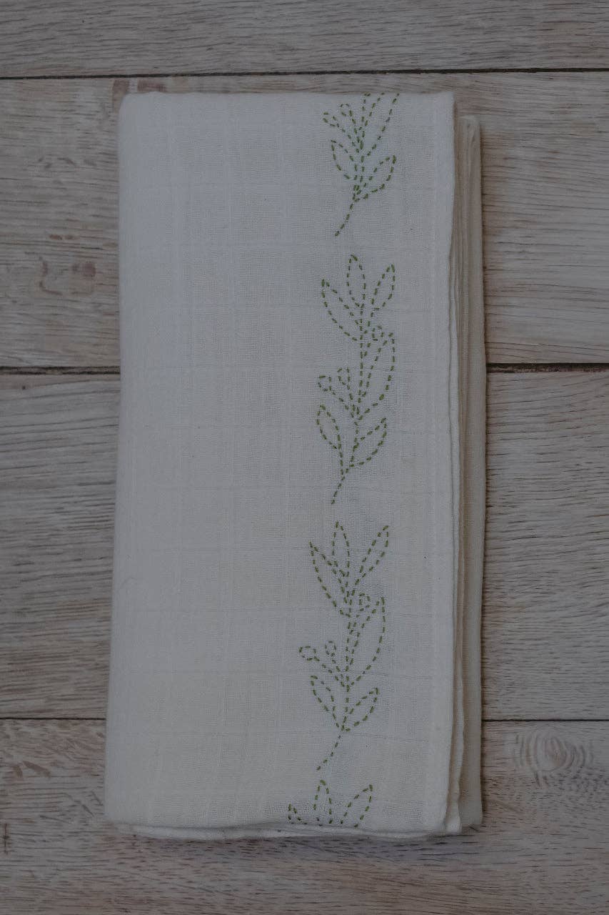 Large organic cotton embroidered muslin swaddle
