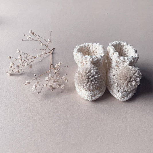 Organic Cotton Pom Pom Baby Booties, Cream