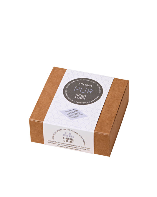 Lavender and orange tea lights in a Small brown Kraft box with patterned sleeve 