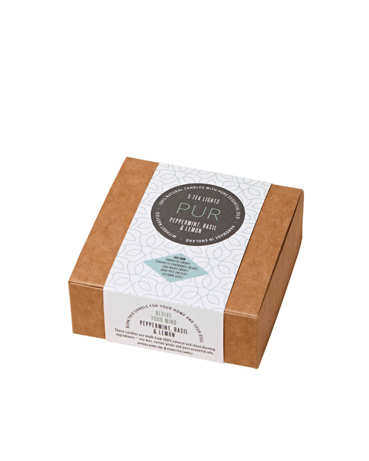 Peppermint basil and lemon essential oil tea lights in small Kraft box with patterned sleeve
