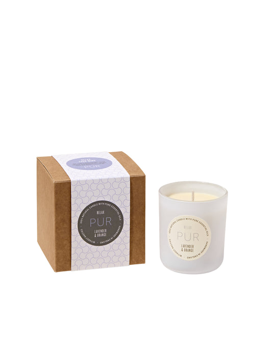 Single one wick candle in a white opaque glass jar with cream off white label with purple lilac print RELAX PUR grey print Lavender and Orange 100% natural candle with pure essential oil handmade in England next to craft candle box with white sleeve with purple lilac grey print on a white background