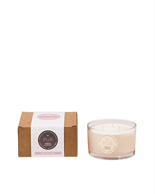 3 wick love Palmarosa and grapefruit candle with round label and brown box with patterned sleeve 