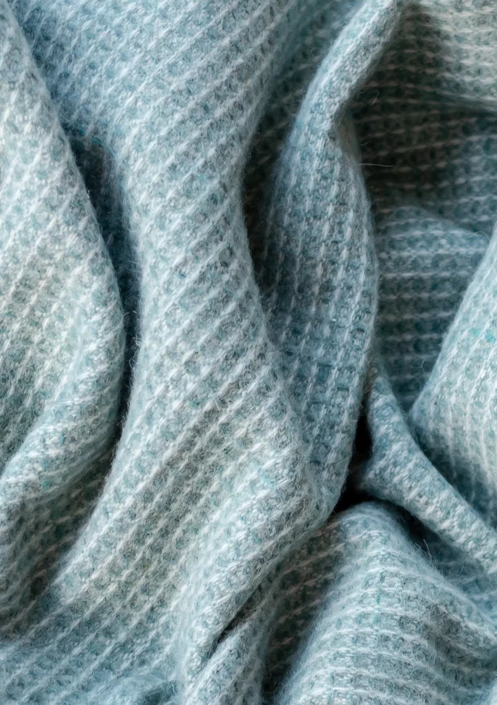 Large recycled wool sage green blue and cream waffle blanket 